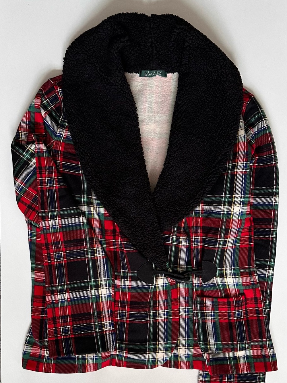Lauren Ralph Lauren Red Plaid Blazer with Black Sherpa Shawl Collar